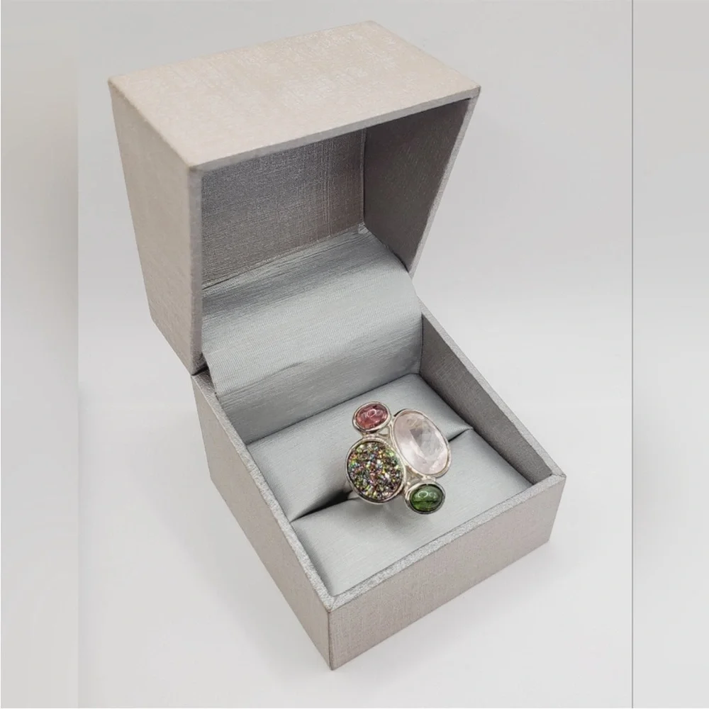 925 Sterling Silver Pink & Green Tourmaline - Pink & Druzy Quartz Statement Ring - Picture 8 of 8